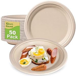 Paper Plates 10 Inch Bulk, 50 Pack Compostable Plates Disposable, Eco Friendly Paper Plates Heavy Duty, Made of Natural Sugarcane Fibers, Brown Paper Plates Large Sturdy