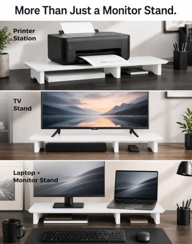 Image of Aothia 43 in White Dual Monitor Stand, Monitor Riser for Desk, Solid Wood