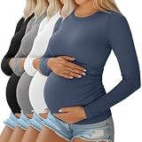 Ficerd 4 Pack Women's Maternity Shirts Cotton Long Sleeve Ribbed Crew Neck Pregnancy Tops Side Ruched Casual Mama Clothes(Black, Light Heather Gray, White, Haze Blue,Medium)