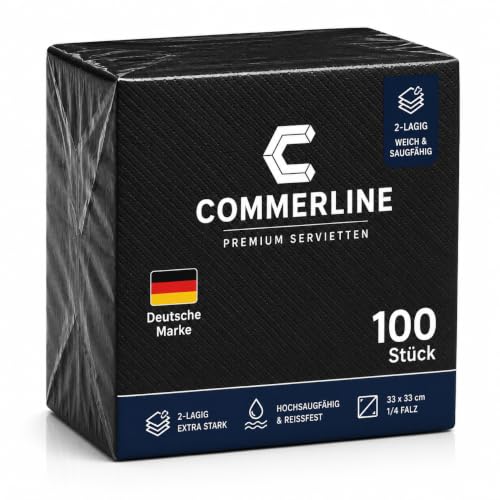 Commerline 100 Stück Schwarz Servietten 33x33 cm 2-lagig 1/4 Falz Weiche & Saugfähige Papierservietten für Gastronomie Restaurant Catering Party Geburtstag & Events Einwegservietten