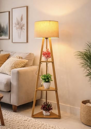 Image of AS Enterprises Wooden Tripod Floor Lamp with 3 Shelves, Modern Standing Lamp with Fabric Shade, Decorative Shelf Floor Lamp for Living Room, Bedroom & Home Decor...