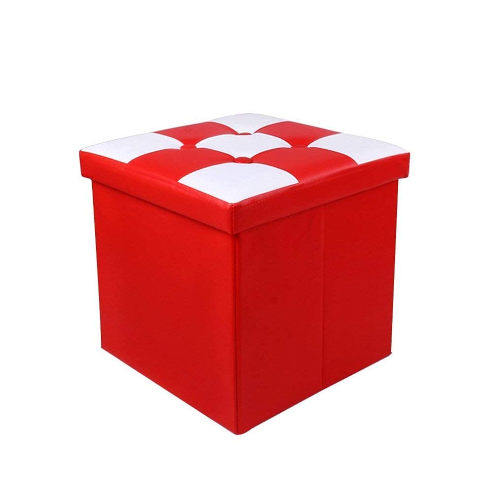 Pouf de rangement pliant rouge 38cm en similicuir | Cube repose-pieds rembourré