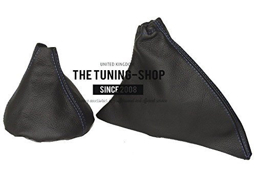 The Tuning-Shop Ltd For Fiat 500 Abarth 2007-2015 Shift & E Brake Boot Black Italian Leather Blue Stitching