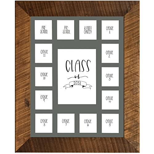 Image of Rustic Red Door Co. School Years Reclaimed Wood Picture Frame with Mat - 11x14 Wooden Framed 15 Photo Collage Mat Pre-School & Kindergarten to 12th Grade (Class of 2031, Grey)