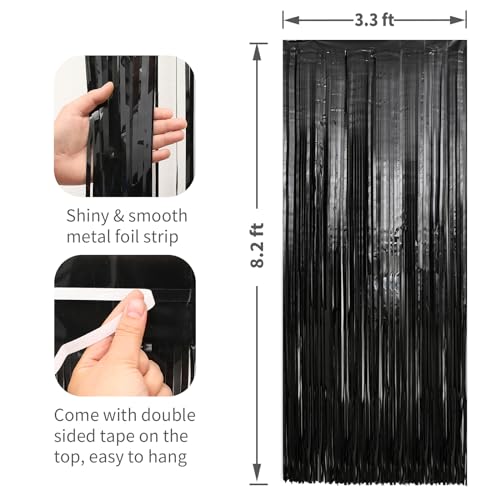Image of 2 Pack Black Foil Fringe Curtains Streamers Party Decorations 3.3 x 8.2 ft, Black Tinsel Curtain Fringe Backdrop for Parties, Door Fringe Birthday Streamers, Photo Booth Backdrops, Party Decor