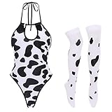 Women’s Sexy Anime Cow Lingerie Set Kawaii Cow Maid Cosplay Costume Milk Mini Bikini Dalmatian Jumpsuit Bodysuit with Bell Choker Stockings Outfit Lolita Japanese Underwear Nightwear Cow Romper Set