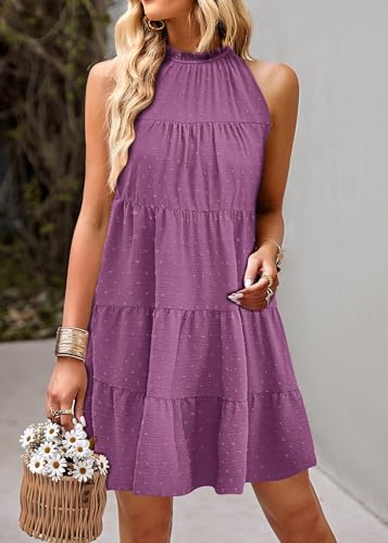 Image of KIRUNDO Summer Sundresses for Women Halter Dress Babydoll | Spring Sleeveless Halter Top, Flowy Tiered Pleated, Western Cute Country Concert, Beach Wedding Guest Vacation Cruise Dress