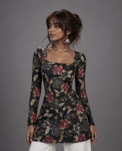 Image of Rain Forest Short Kurti with Stylish Corset Back | Full Sleeves | Office & Casual Wear | Regular Fit | Pair with Jeans, Palazzos