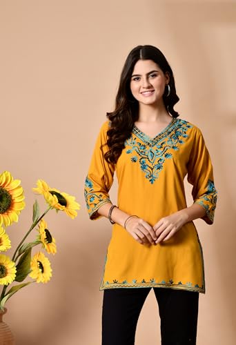 Image of Embroidered Chikankari Kurti with Kashmiri Aari Work, V-Neck, 3 /4 Sleeves, Rayon Fabric