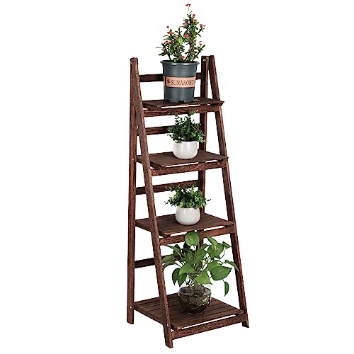 Funkeen 4 Tier Wooden Ladder Shelf, Decorative Freestanding Leaning Display Bookshelf, Folding Indoor & Outdoor Plant Stand Rustic Storage Rack Shelves for Living Room, Bathroom, Balcony, Kitchen