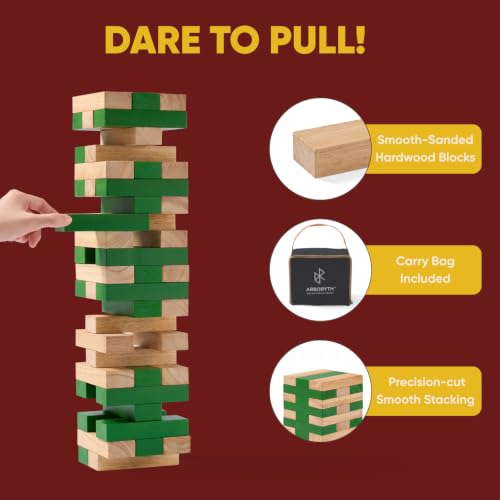 Image of Classic Stacking Tower Game 1.3 ft, Premium Wooden Block Lawn Game for Adults & Family, Indoor & Outdoor Party Yard Game, Decorative Display - Natural Green