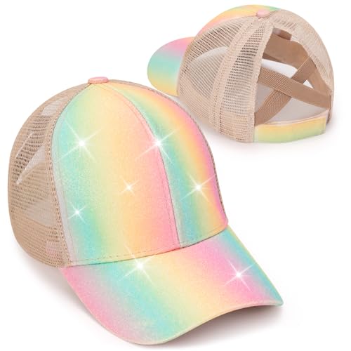 Bromz Girls Glitter Baseball Cap Criss Cross Ponytail Hat Adjustable High Messy Bun Ponycap Kids Trucker Hat For 4-12 Years Multicoloured cover