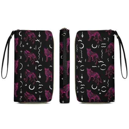 Long PU Zipper Wallet With Rope, Travel Purse Fashion Design, Huge Storage Capacity Wallet, Cute Decor Purse For Men And Women Mystical Goth Fire Dark Purple Galaxy Foxes Moon Black3