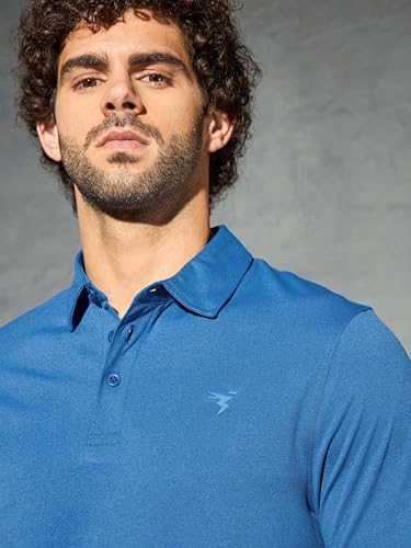 Image of TECHNOSPORT Men's Solid Slim Fit Polo Collar T-Shirt COTFLEX Half Sleeve Button Polyester for Gym Running Workout UPF50+ Anti Odour