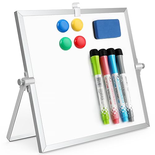 Dry Erase White Board, 10"X10" Double-Sided Magnetic Whiteboard with 4 Markers, 4 Magnets, 1 Eraser, Small White Board with Stand, White Board Easel for Kids Drawing Memo to Do List Wall School