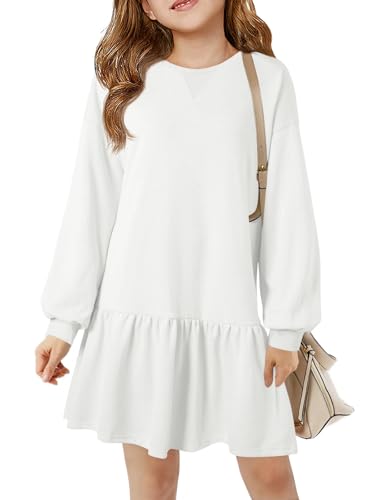 Haloumoning Girls Long Sleeve Dresses Sweatshirt Dress Kids Casual Crewneck Rib Knit Mini Dress 5-14 Years White