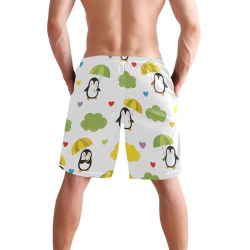Men's Swim Trunks Quick Dry Swimming Shorts with Pocket Cute Penguins with Umbrellas Pattern Swimsuit Trunks2