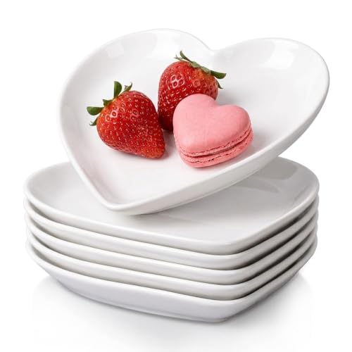 DELLING Heart Shaped Plates Set of 6 7.3 Inch Ceramic Dessert Salad Plates - White Dinner Plates for Appetizer Steak Snack Microwave Oven Safe Gift for Valentines Thanksgiving Christmas