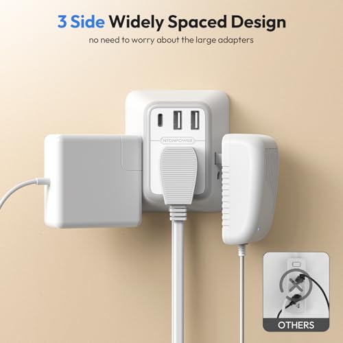 NTONPOWER Doble Extensión de 18 pies, Divisor de Cordón con 3 Tomacorrientes en Cada Lado, 2 USB-A & 1 USB-C, Enchufe Plano miniatura 3