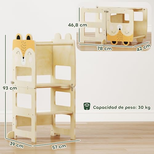 Miniatura 7 de Aiyaplay Torre De Aprendizaje 3 En 1 Plegable, Convertible En Escritorio Y Silla, Taburete De Aprendizaje Para Niños De 2-5 Años Con Pizarra, Dibujos De Zorros, Para Baño, Cocina, Natural