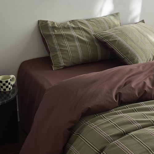 Image of mixinni Vintage Striped Duvet Cover Set Queen - 100% Cotton Reversible Jacquard Bedding Set, Retro Olive Green & Terracotta Comforter Cover, Soft Breathable 3-Piece(1 Duvet Cover+2 Pillowcases)