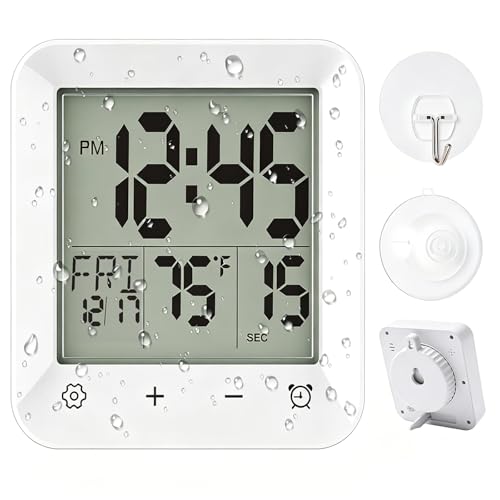 JALUNMNU Waterproof Bathroom Timer - Digital Shower Clock with Countdown Temperature & Humidity LCD Display Suction Cup Hanging Hole Stand for Bathroom Kitchen and More Battery Operated
