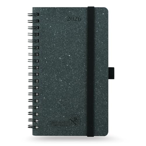 POPRUN Taschenkalender 2026 Klein Ringbuch 16 5 x 9 cm (Jan.2026-Dez.2026) Hergestellt aus Erneuerbaren und Umweltfreundlichen Materialien Kalender 2026 Klein mit Innentasche - Schwarzgrau