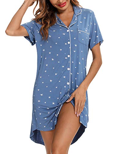 Image of Samring Pajama Nightgown for Women Short Sleeve Button Down Boyfriend Night Gown Nightdress Sleep Shirts