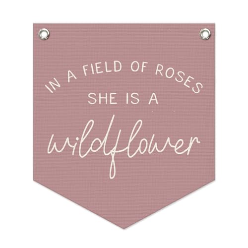 Image of Wheatwin Wildflower Nursery Decor, Girls Room Decor, In a Field Full of Roses She Is a Wildflower Banner, Pink Linen Banner Flag Decor for Little Girl Baby Girl 14.5x12.6 in