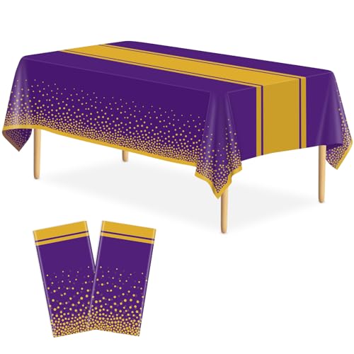 Image of 2 Pack Purple and Gold Tablecloth Party Decorations Plastic Purple Tablecloth Printed Gold Table Runner 54 x108 Inch Disposable Rectangle Table Cover for Birthday Wedding Graduation