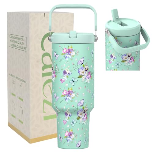 Image of 40 oz Tumbler with Handle and Straw, Vacuum Insulated Tumblers with Flip Straw and Top Handle, Reusable Insulated Cup for Home, Outdoors, Leakproof, Fits in Cup Holder, Cold for 30 Hours