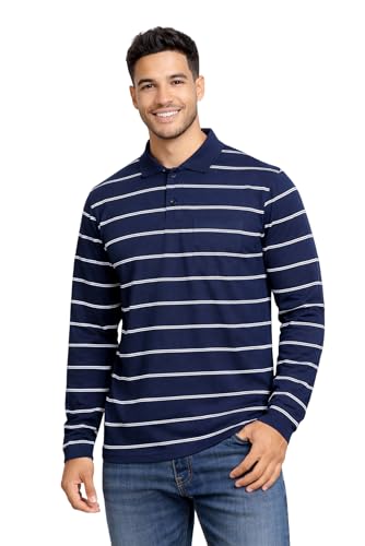 SANE ORIGINALS Full Sleeves Polo Collar Tshirt for Men with Pocket || Stripe Collar and Pocket Tshirt for Men Long Sleeves Navy Blue