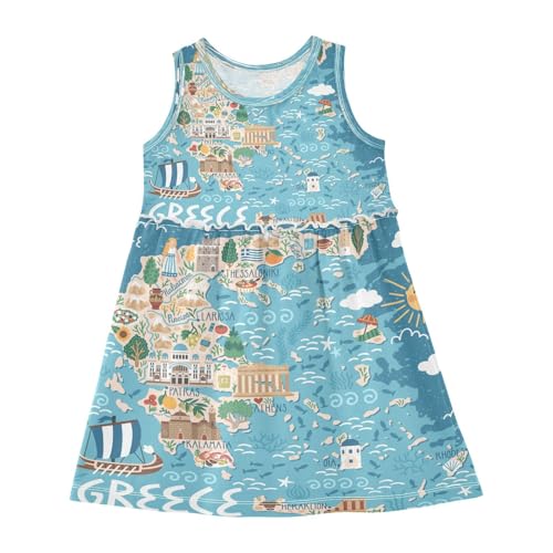 Girls Greece Map Tropical Dress Sleeveless Dress Summer Cotton Sundress 2T