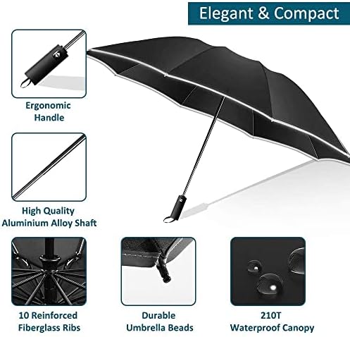 Inverted Umbrella Windproof, Travel Folding Umbrellas for Women Men, Golf Reverse Umbrella with Reflective Stripes, Teflon Umbrella Rain and Sun, Auto Open and Close Compact Portable Black Umbrella