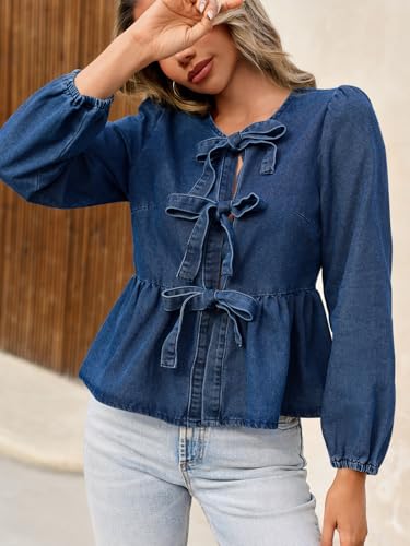 Tankaneo Womens Denim Tie Front Tops Babydoll Peplum Cute Blouse Puff Long Sleeve Going Out Jean Shirts2