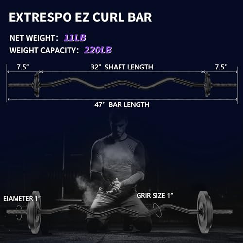 EZ Curl Bar Weight Lifting Bar 47\", 1-inch Curling Bars for Weight lifting, Barbell bar for Hip Thrusts/Squats/Lunges for Gym and Home, With 2 Star-nuts (Black) - Thumbnail 3