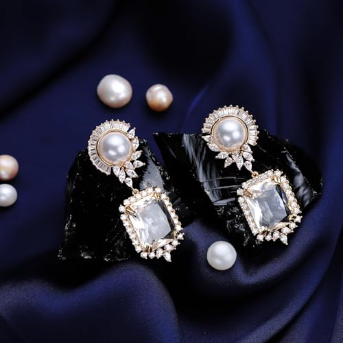 S925 Sterling Silver Emerald Green Pink Crystal Dangle Drop Earrings for Women Vintage Pearl Cubic Zirconia Wedding Bridal Emerald Cut Earrings3