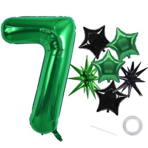 Image of TONIFUL 7th Birthday Balloons 40 Inch Green Large Number 7 Foil Balloon 18 Inch Helium Mylar Heart Star Shaped Ballons for Boys Men Birthday Anniversary Graduation New Year Eve Party Decoration