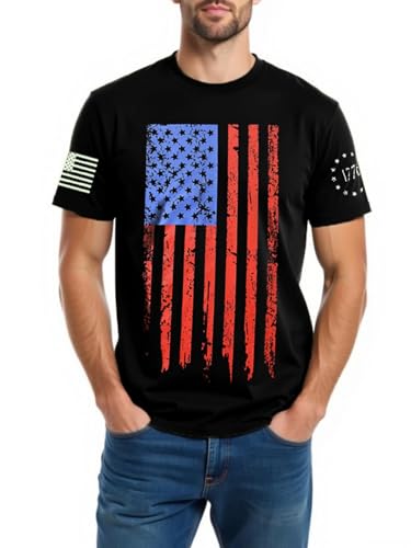 American Men 4th of July Vintage USA Flag T-Shirt US Flag Distressed T-Shirt in Black Medium