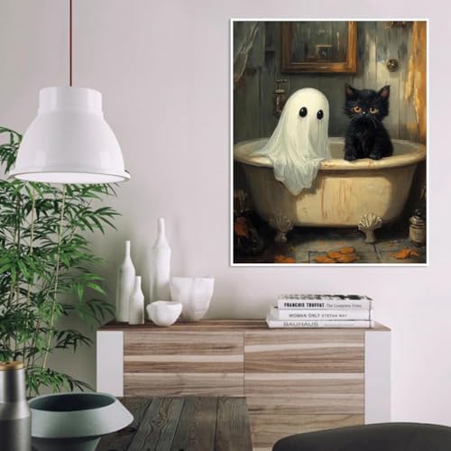 Image of Clendo Halloween Paint by Numbers Kit for Adults, Ghost Oil Painting by Numbers with Brushes, Black Cat Art and Crafts Canvas Kit for Beginner Home Decor 16x20 inch / 40x50 cm