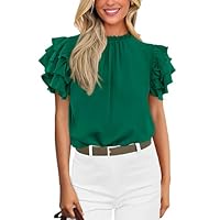 KIRUNDO Womens Blouse 2025 Summer Dressy Casual Ruffle Short Sleeve Frill Mock Neck Work Shirt Tops(Dark Green, Medium)