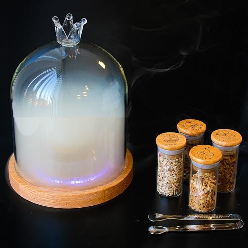 NOBLESIP Cocktail and Food Smoker Kit Glass Dome Smoky Crown LED Wood Base 4 Natural Flavors. Smoke Whiskey Bourbon Old Fashioned Charcuterie at Home Like a pro. No Batteries
