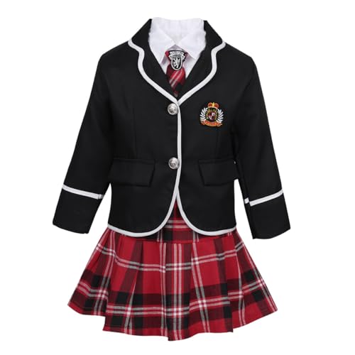 Yruioon Enfants Filles 4 Pièces Uniforme Scolaire à Manches Longues Blazer Veste avec Chemise Habillée Mini Jupe à Carreaux Cravate Ensemble 4-14 Ans Noir...