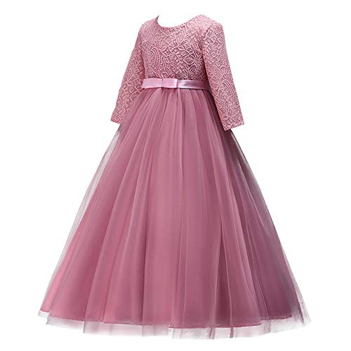 Kids Girls Bridesmaid 3/4 Sleeves Floor Length Tulle Vintage Lace Dress Birthday Pageant Party Evening Gown2