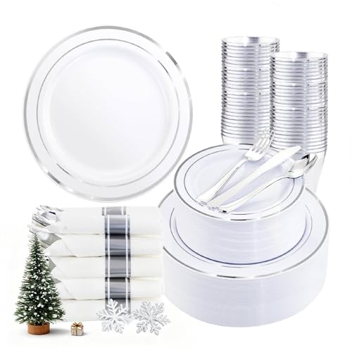 WDF Partyware 350Piece Silver Plastic Dinnerware Set for 50 Guests - Silver Plastic Plates with Cutlery Include:50Dinner Plates-50Dessert Plates-50Pre Rolled Napkins with Silverware for Christmas WDF Partyware 350Piece Silver Plastic Dinnerware Set for 50 Guests - Silver Plastic Plates with Cutlery Include:50Dinner Plates-50Dessert Plates-50Pre Rolled Napkins with Silverware for Christmas