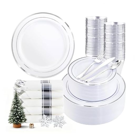 WDF Partyware 350Piece Silver Plastic Dinnerware Set for 50 Guests - Silver Plastic Plates with Cutlery Include:50Dinner Plates-50Dessert Plates-50Pre Rolled Napkins with Silverware