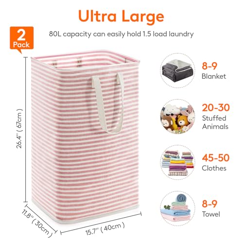 Image of Lifewit 2 Pack Laundry Basket 80L Each, Collapsible Clothes Hamper with Reinforced Handles, Freestanding Waterproof Design for Bedroom and Laundry Room, Grey&Pink 160L Total