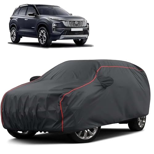 Image of Sulfar 100% Water Resistant Car Body Cover Compatible with Mirror for Tata Safari (Triple Stitched, Full Bottom Elastic, Dark Grey Taffeta with Red Piping)
