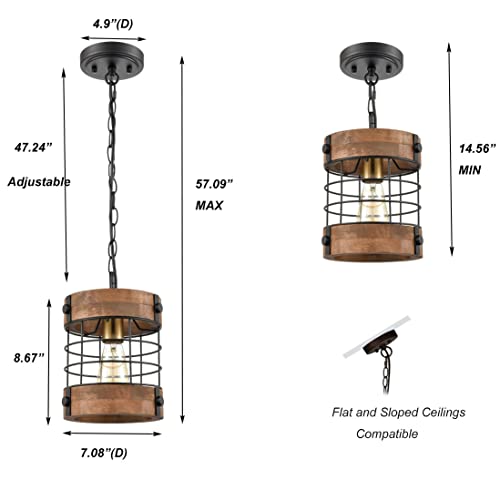Diryzon Eul Rustic Kitchen Pendant Hanging Light Wood & Metal Wire Cage Ceiling Lamp Shade Distressed Brown #TOP6