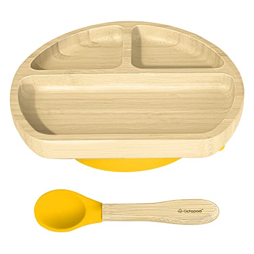 Image of Abiie Octopod Bamboo Dish - Kids Plates for 4 months and up, 3-Compartment Baby Plates with Suction, Triangle Bamboo Baby Plate, Mess-Free Toddler Suction Plates, Baby Feeding Supplies, 8.3x1.9x7.7 in